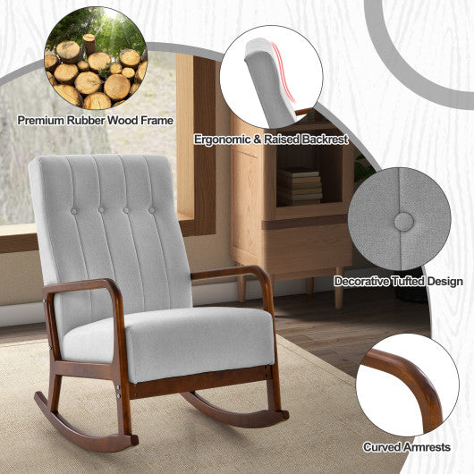Rocking Chair with Ottoman and Solid Rubber Wood Frame and Padded Cushion-Gray