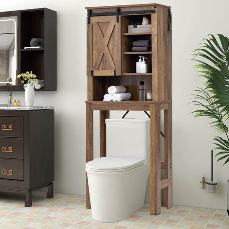 Wooden Bathroom Storage Cabinet with Sliding Barn Door and 3-level Adjustable Shelves-Rustic Brown