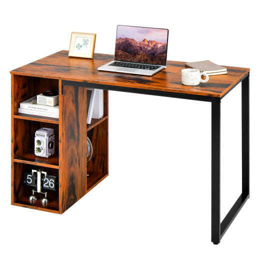 Computer Desk with 5 Side Shelves and Metal Frame-Rustic Brown