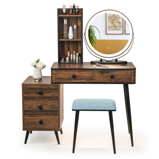 Vanity Table Set with 3-Color Lighted Mirror and Cushioned Stool-Rustic Brown