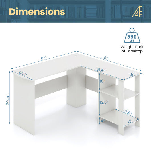 Large Modern L-shaped Computer Desk with 2 Cable Holes and 2 Storage Shelves-White