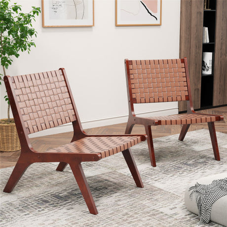 Set of 1/2 Woven Leather Accent Chairs with Wood Frame-Set of 2