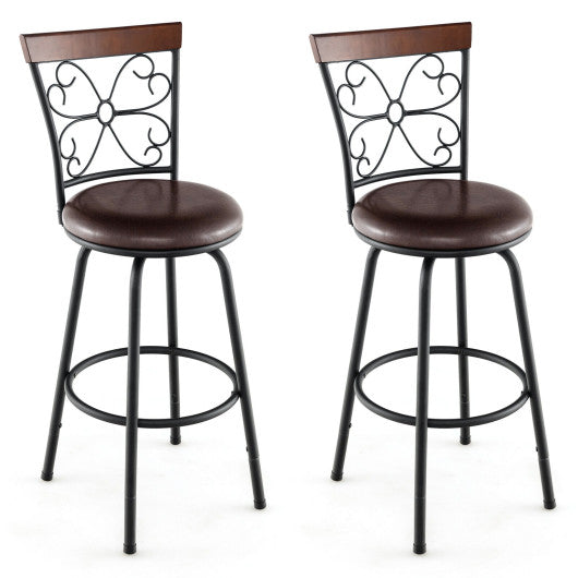 2 Pieces 24-30 Inch Adjustable PU Cushioned Swivel Barstools-Brown