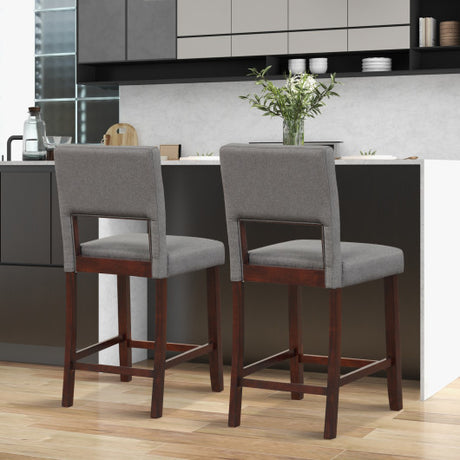 2 Piece Bar Chair Set with Hollowed Back and Rubber Wood Legs-Gray