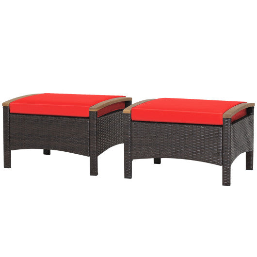Set of 2 Fade-Resistant Wicker Patio Ottoman-Red
