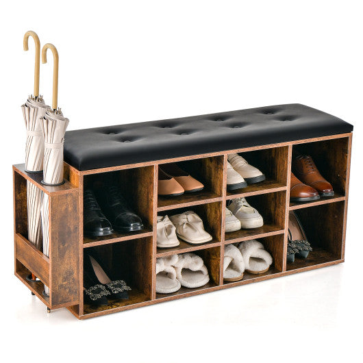 Shoe Storage Bench with Umbrella Stand and Adjustable Shelf-Rustic Brown