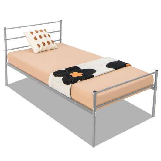 Twin Size Metal Bed Frame Platform with Headboard-Silver