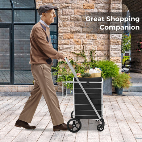 Folding Shopping Cart with Waterproof Liner Wheels and Basket-Silver