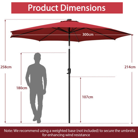 10 Feet Patio Umbrella with 112 Solar Lights and Crank Handle-Wine