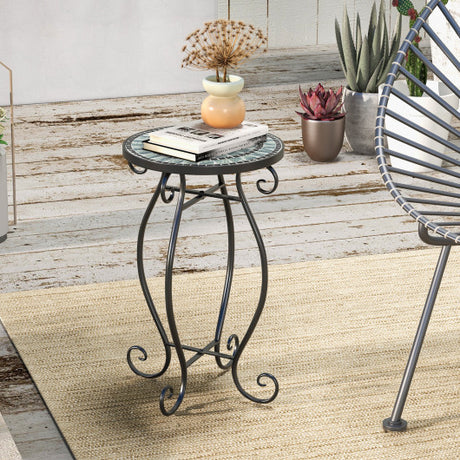 Small Plant Stand with Weather Resistant Ceramic Tile Tabletop-Black & Smoke Blue