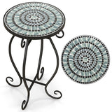 Small Plant Stand with Weather Resistant Ceramic Tile Tabletop-Black & Smoke Blue