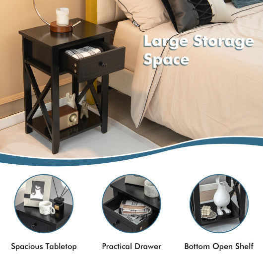 Storage End Bedside Drawer Nightstand w/ Bottom Shelf-Black