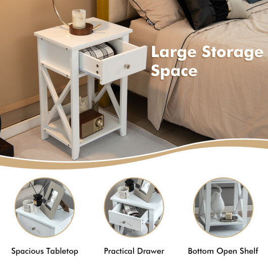Storage End Bedside Drawer Nightstand w/ Bottom Shelf-White