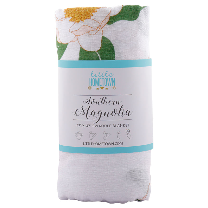 Gift Set: Southern Magnolia Baby Muslin Swaddle Blanket and Burp Cloth/Bib Combo by Little Hometown