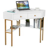 Space Saving Corner Computer Desk with 2 Large Drawers and Storage Shelf-White