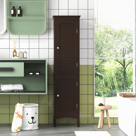 Tall Bathroom Floor Cabinet with Shutter Doors and Adjustable Shelf-Brown