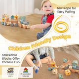 Wooden Toy Train Set with Stacking Wooden Blocks and Cute Animal Patterns