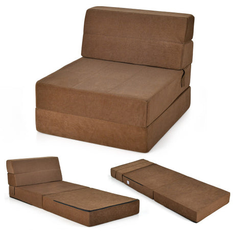 Tri-Fold Folding Chair Convertible Sleeper Bed-Brown