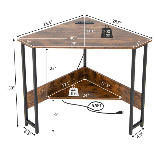 Triangle Computer Corner Desk with Charging Station-Rustic Brown