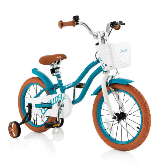 16 Inch Kids Bike with Front Handbrake and 2 Training Wheels-Turquoise