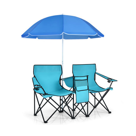 Portable Folding Picnic Double Chair With Umbrella-Turquoise