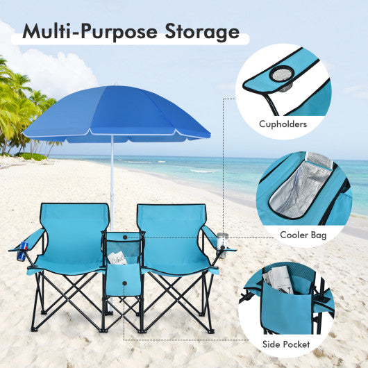 Portable folding picnic double chair with umbrella sale