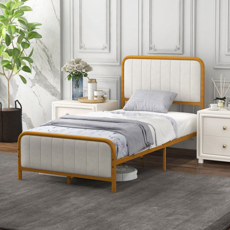 Upholstered Gold Platform Bed Frame with Velvet Headboard-Twin Size
