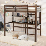 Twin Size Solid Wood Slatted Loft Bed Frame with Safety Guardrail for Kid-Brown