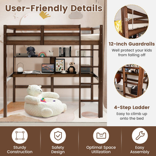 Twin Size Solid Wood Slatted Loft Bed Frame with Safety Guardrail for Kid-Brown