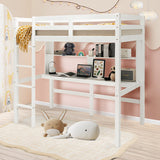 Twin Size Solid Wood Slatted Loft Bed Frame with Safety Guardrail for Kid-White