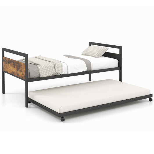 Twin Metal Daybed with Trundle Lockable Wheels-Twin Size