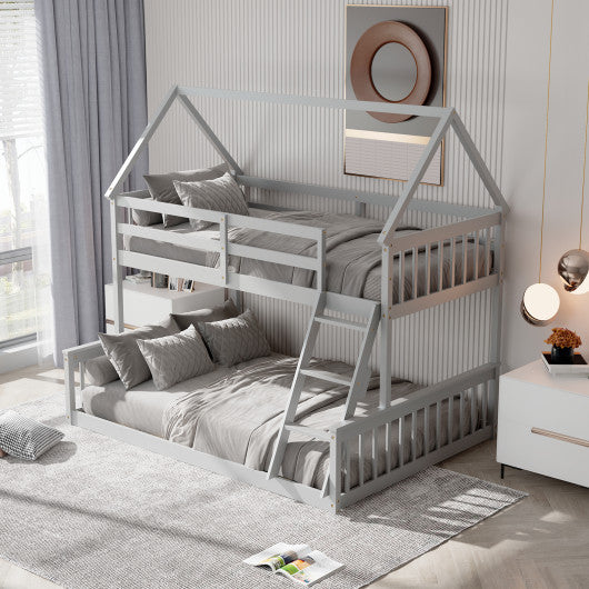 Twin Over Full House Bunk Bed with Ladder and Guardrails-Gray