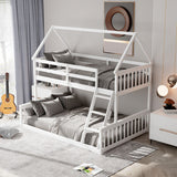 Twin Over Full House Bunk Bed with Ladder and Guardrails-White