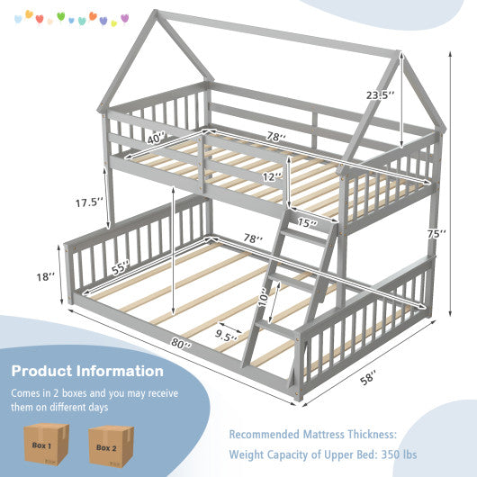 Twin Over Full House Bunk Bed with Ladder and Guardrails-Gray