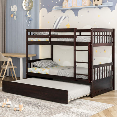 Twin Over Twin Bunk Bed with Pull-out Trundle and Ladder-Espresso