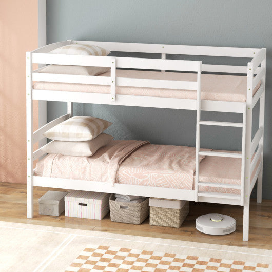 Solid Wood Twin Over Twin Bunk Bed Frame with High Guardrails and Integrated Ladder-White
