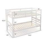 Solid Wood Twin Over Twin Bunk Bed Frame with High Guardrails and Integrated Ladder-White