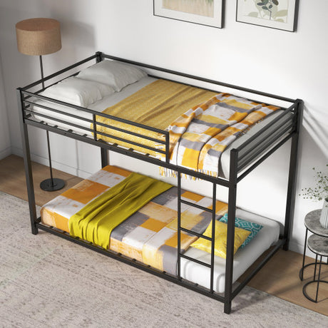 Low Profile Twin Over Twin Metal Bunk Bed with Full-length Guardrails-Black