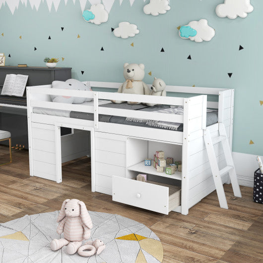 Twin Size Solid Wood Low Loft Bed with Storage and Drawer-White