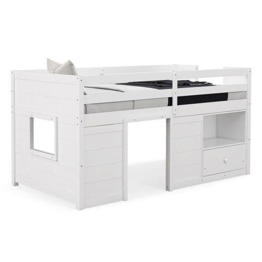 Twin Size Solid Wood Low Loft Bed with Storage and Drawer-White