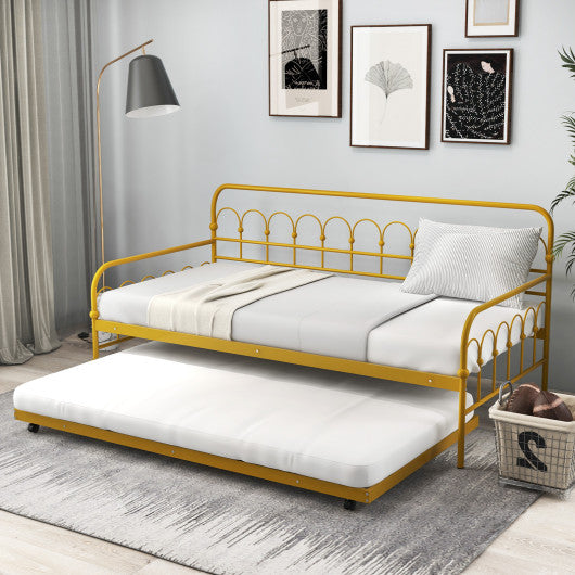 Twin Size Golden Metal Daybed with Trundle and Lockable Wheels-Twin Size