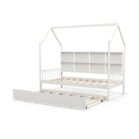 Twin Size Kids Montessori Daybed with Roof and Shelf Compartments-White