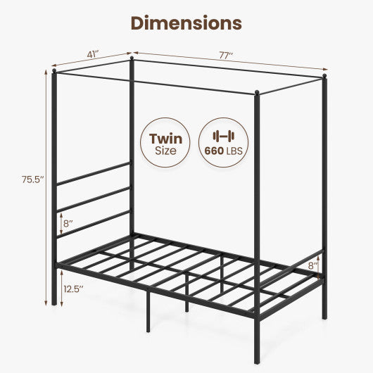 Twin/Full/Queen Size Metal Canopy Bed Frame with Slat Support-Twin Size