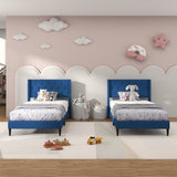 Twin Size Upholstered Platform Bed with Button Tufted Wingback Headboard-Blue