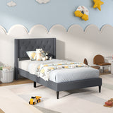 Twin Size Upholstered Platform Bed with Button Tufted Wingback Headboard-Gray