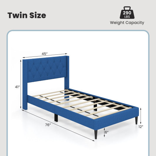 Twin Size Upholstered Platform Bed with Button Tufted Wingback Headboard-Blue
