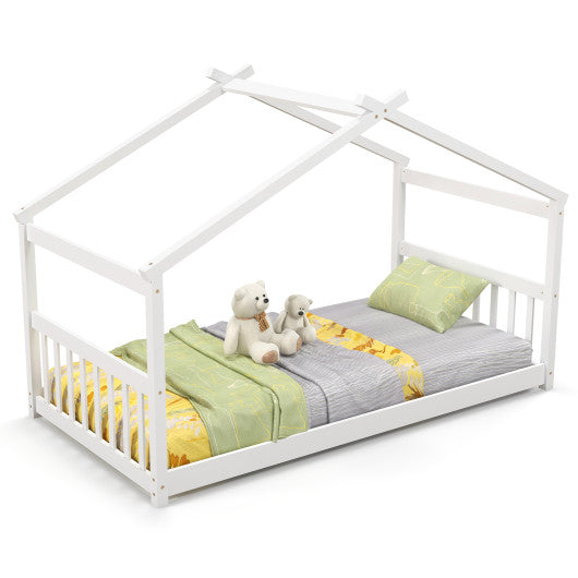 Twin Size Wooden House Bed with Roof-White