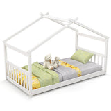 Twin Size Wooden House Bed with Roof-White