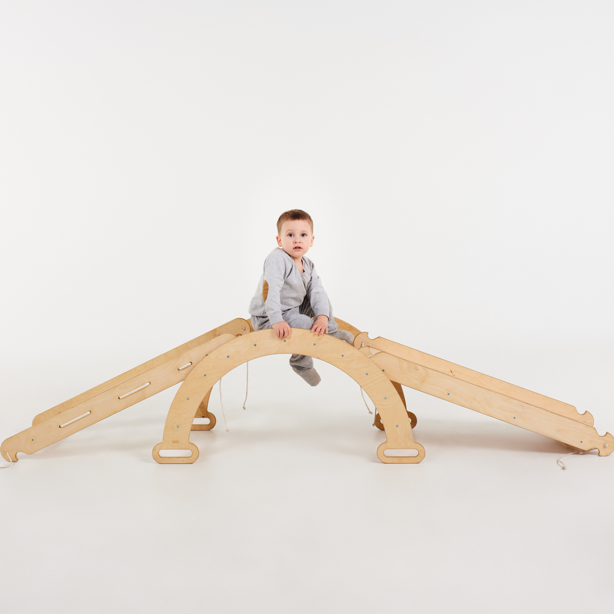 3in1 Montessori Climbing Frame Set: Arch/Rocker + Slide Board + Net – Beige
