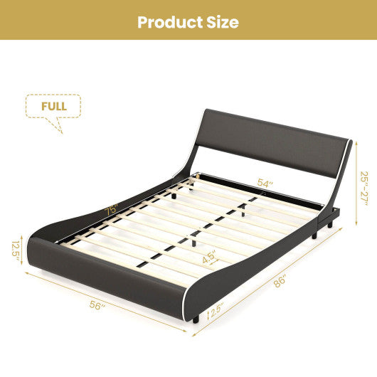 Upholstered Platform Bed Frame Low Profile Faux Leather with Curved Headboard-Full Size